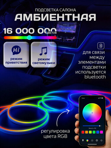 Изображение товара Амбиентная подсветка салона авто атмосферная 6 в 1, подсветка дверей ( 4.1 метра )-приложение по QR коду