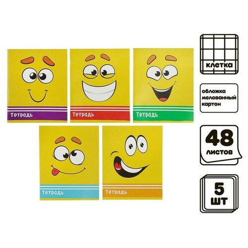 Комплект тетрадей из 5 шт 48 листов клетка Смайлики обложка мелованный картон блок офсет 551₽