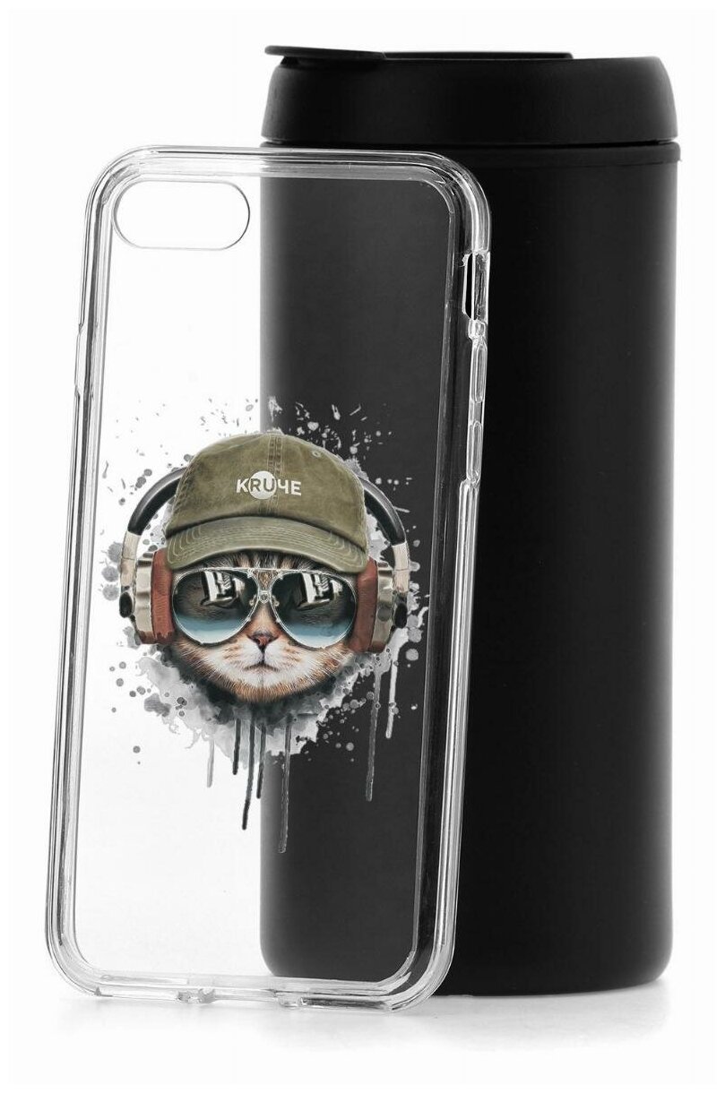 Чехол для iPhone 7/8/SE 2020 Kruche Print Кот в наушниках,противоударная пластиковая накладка с рисунком,защитный силиконовый бампер с защитой камеры