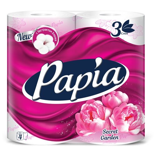 Бумага туалетная Papia Secret Garden, 3х-слойн, 4шт, ароматизир, розов. тиснение, белый