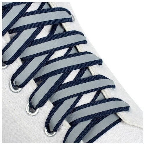 фото Шнурки для обуви, пара, плоские, со светоотражающей полосой, 10 мм, 120 см, цвет тёмно-синий mikimarket