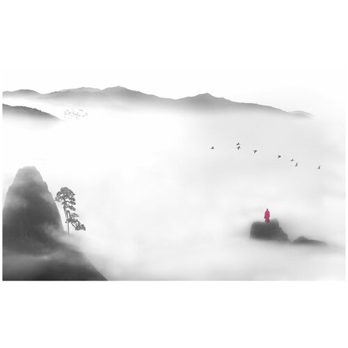 фотообои уютная стена лес и горы в тумане 430х270 см бесшовные премиум единым полотном Фотообои Уютная стена Монах в густом тумане гор 430х270 см Бесшовные Премиум (единым полотном)