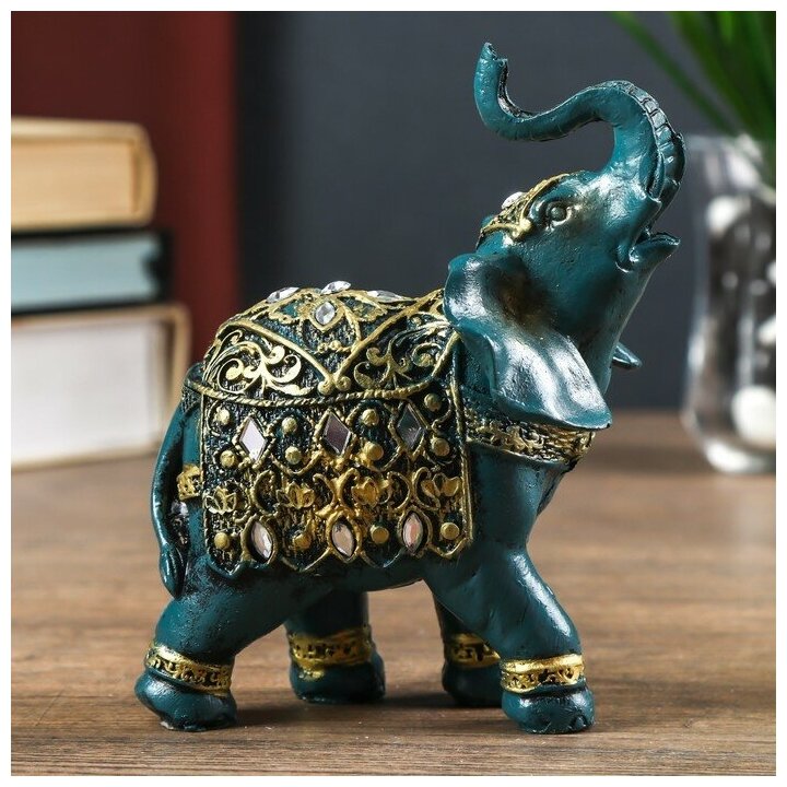 Сувенир полистоун "Синий слон в попоне с золотым узором и зеркалами" 14х7х11 см 4634960