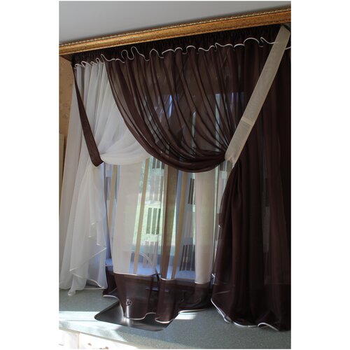 Комплект штор для кухни Тюльпан (темно-коричневый + молоко), нейлон + органза, высота 170 см, по ленте регулируется до 2,2 м