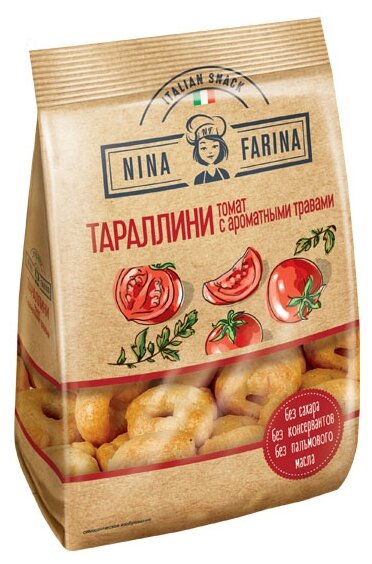 Мини-сушки (тараллини) NINA FARINA с томатом и ароматными травами, пакет, 180 г, ВТ003 - фотография № 1