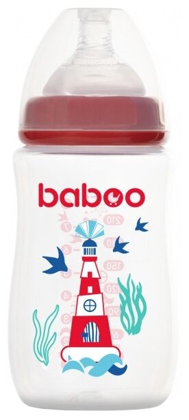 Baboo Бутылочка с широким горлом и силиконовой соской, 250 мл, с 3 месяцев, красный