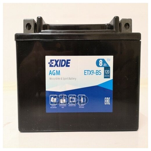 EXIDE ETX9BS ETX9-BS_аккумулятор! рус 8Ah 120A 150/90/105 moto AGM сухозар. с упаковкой электролита\