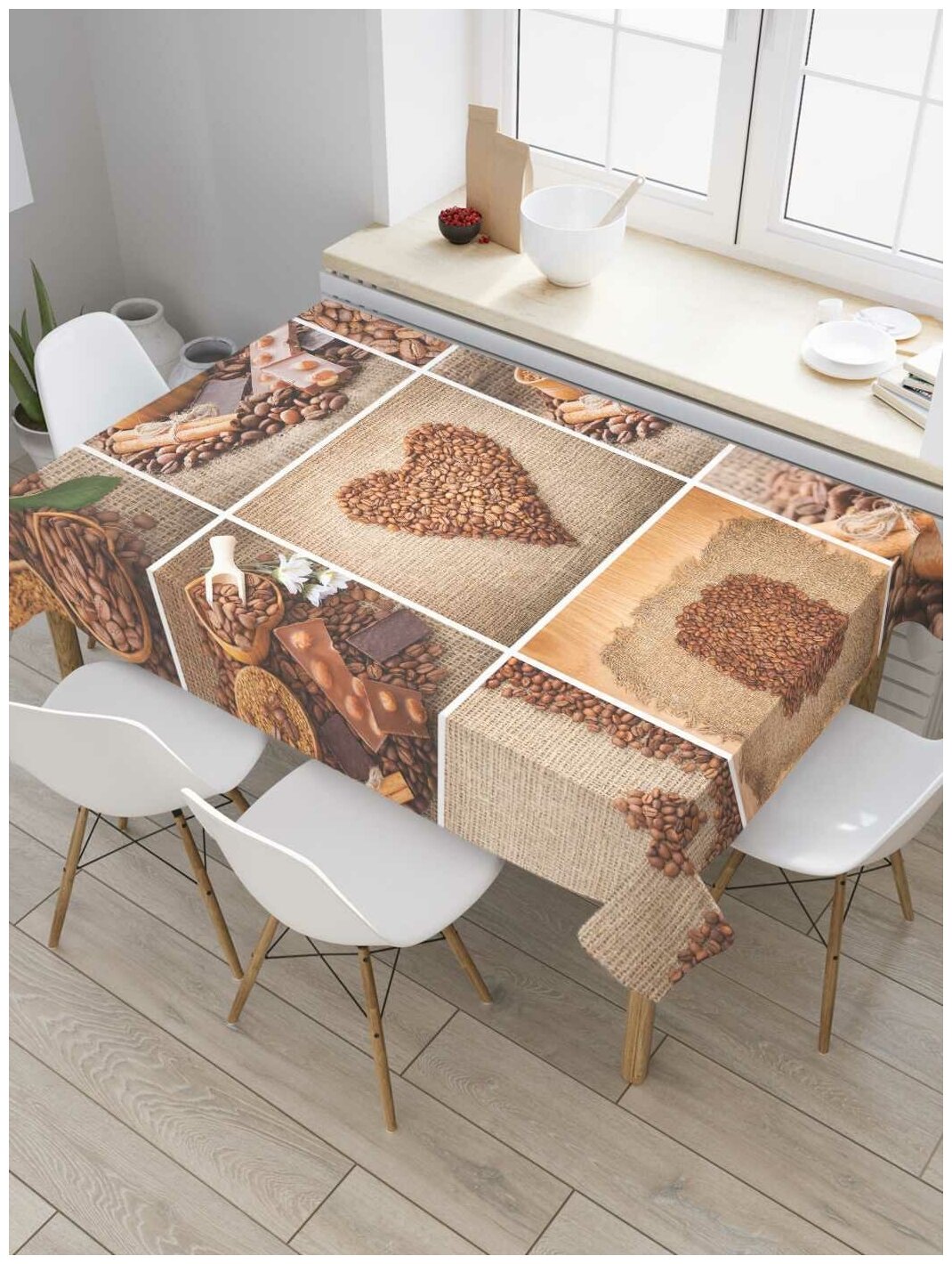 Скатерть прямоугольная JoyArty на кухонный стол "Зерна кофе" из оксфорда, 120x145 см