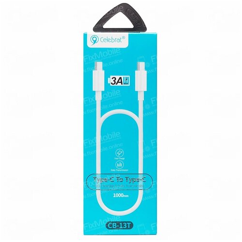 Кабель Type-C - Type-C Celebrat CB-13 T-T, 1.0м, круглый, 3A, силикон, цвет: белый