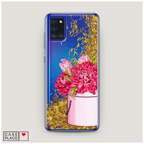 фото Чехол жидкий с блестками samsung galaxy a21s коробочка с пионами case place