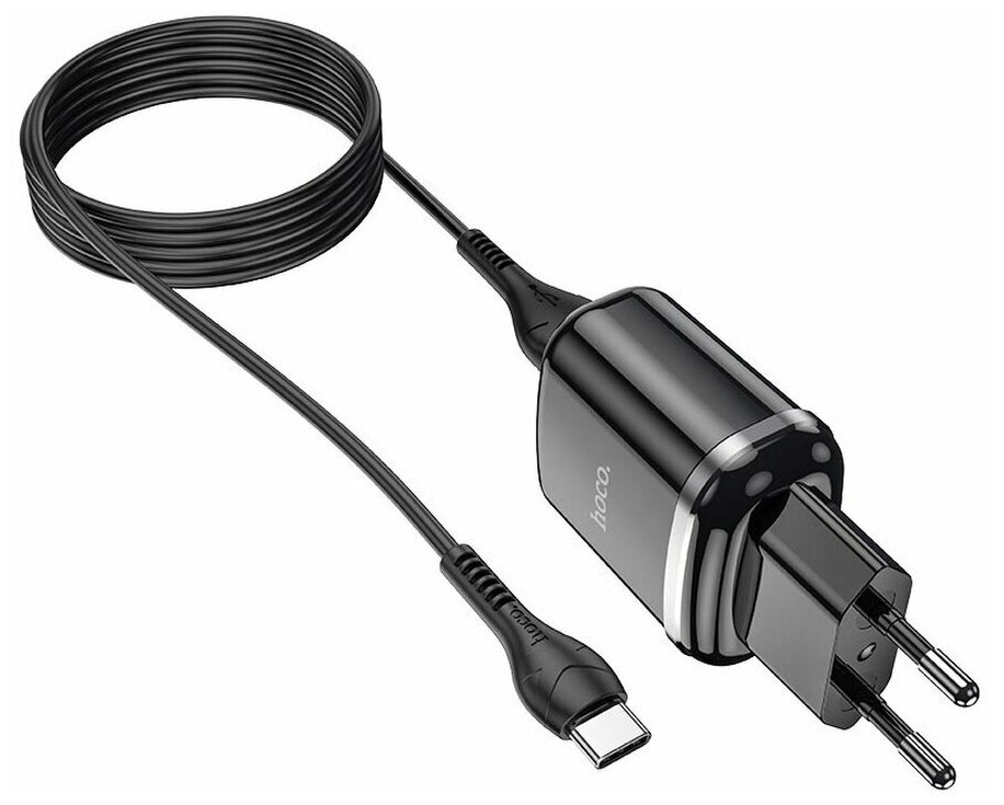 Блок питания сетевой 2 USB HOCO, N4, Aspiring, 2400mA, пластик, огнестойкий, кабель Type-C, цвет: чёрный