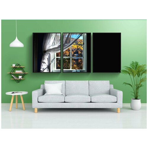 фото Набор модулных постеров для интерьера "окно, осенний пейзаж, цвета" 60x90 см. в тубусе, без рамки lotsprints