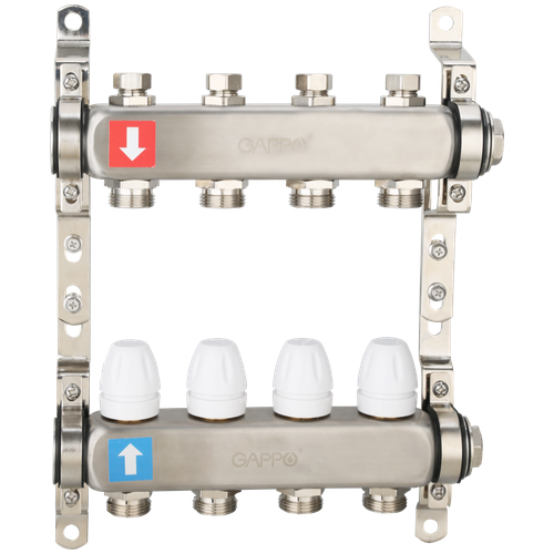 Коллектор регулируемый с запорными клапанами, из нерж. стали, 8-вых. x 1 x 3/4 Gappo (G428.8) коллектор регулируемый с запорными клапанами из латуни 4 вых x 1 x 3 4 gappo g427 4