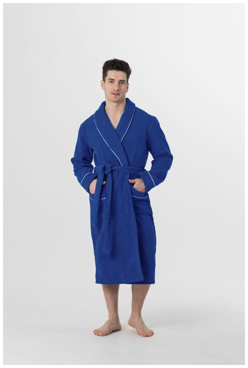 Халат махровый Everliness мужской шалька+кант, цвет синий, размер 62 - фотография № 1