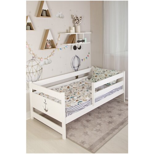 Кровать детская Якорь (с матрасом Неженка 3, без ящиков, с бортиком, для детской, деревянная, белая), 160х80