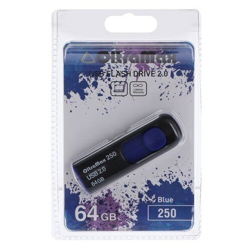 Флешка OltraMax 250, 64 Гб, USB2.0, чт до 15 Мб/с, зап до 8 Мб/с, синяя флешка oltramax 64 64 гб usb2 0 чт до 15 мб с зап до 8 мб с синяя