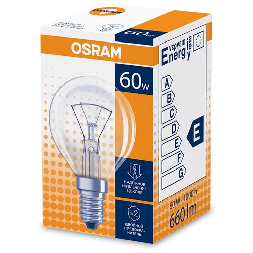 фото Лампа накаливания osram clas p cl 60 вт e14 шар 2700к теплый белый свет 220 в прозрачная