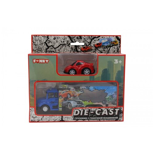 фото Набор funky toys ft61054 грузовик + машинка die-cast красная, спусковой механизм 1:60