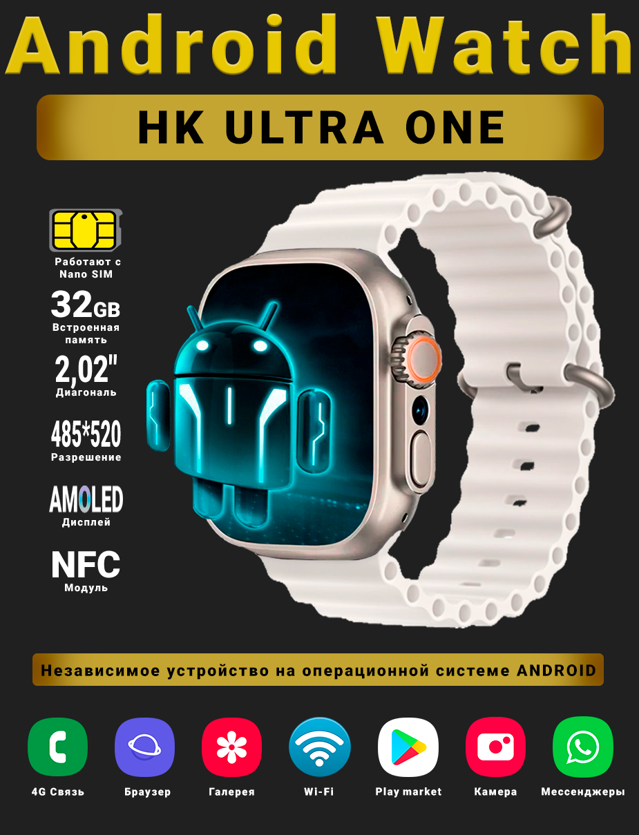 Смарт часы Android Watch HK Ultra One, Умные часы PREMIUM Series, наручные мужские и женские, AMOLED дисплей 485*520, Wi-fi, Bluetooth, Sim-карта, 4G, Звонки, 2 ремешка, Серый