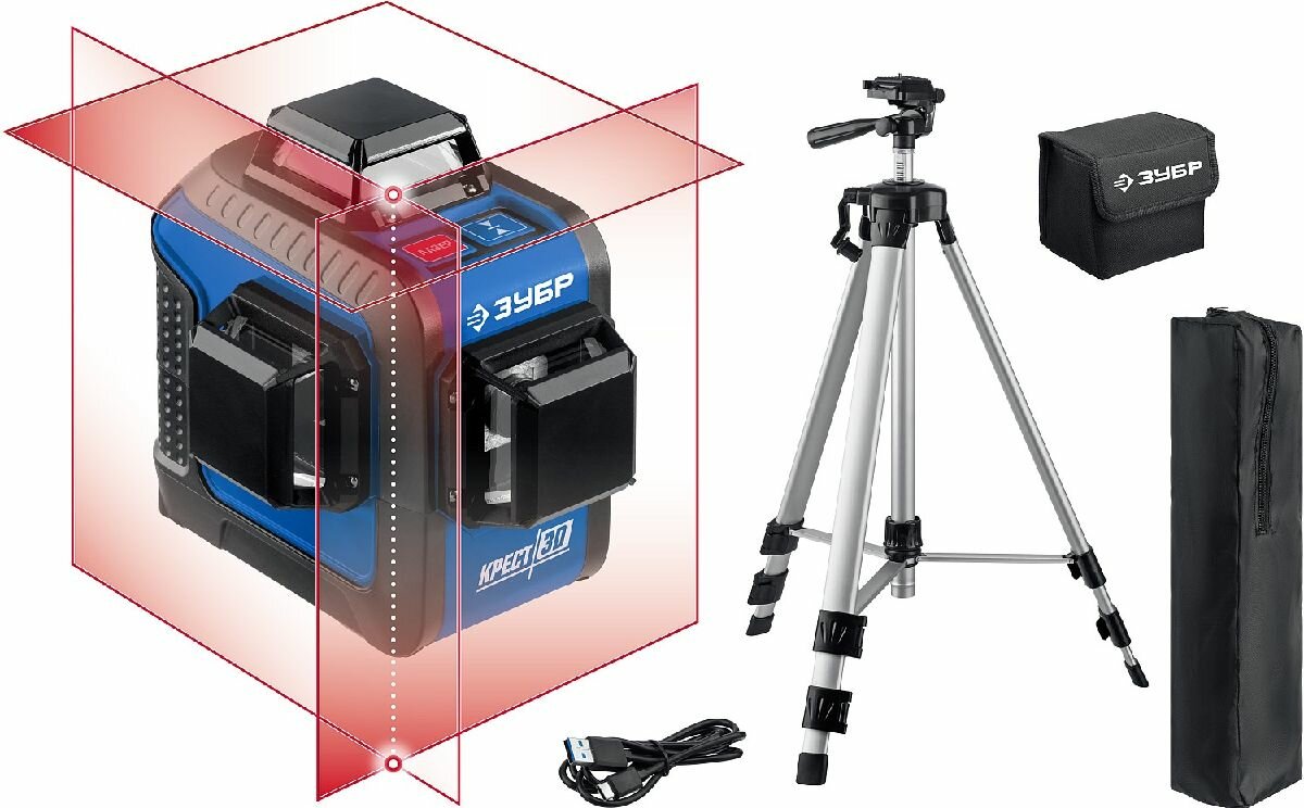 Лазерный нивелир ЗУБР Крест 3D 20-70 м точность 0,3 мм/м 3 линии 360° автовыравнивание питание USB-C и 3AA