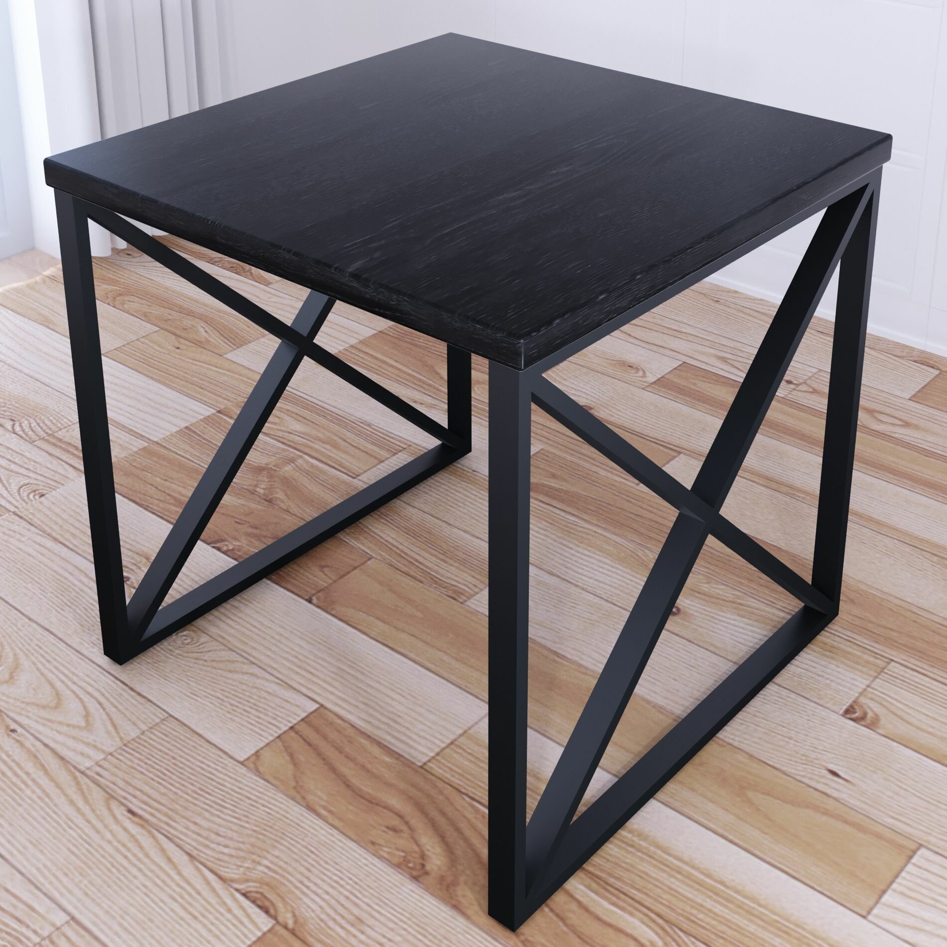 Стол кухонный Loft с квадратной столешницей цвета черного оникса из массива сосны 40 мм и черными металлическими крестообразными ножками 70x70х75 см