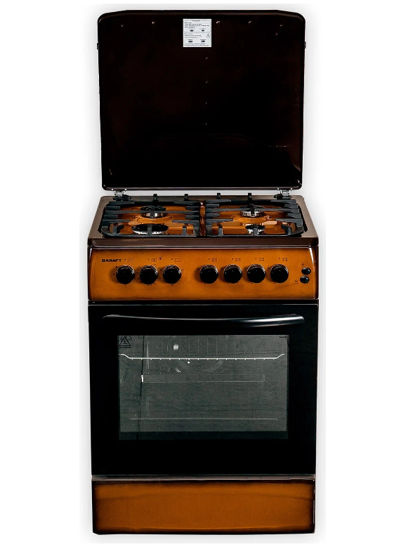 Газовая плита KRAFT KF-FSK6405AEBRI, электрическая духовка, металлическая крышка, чугун, коричневый и черный