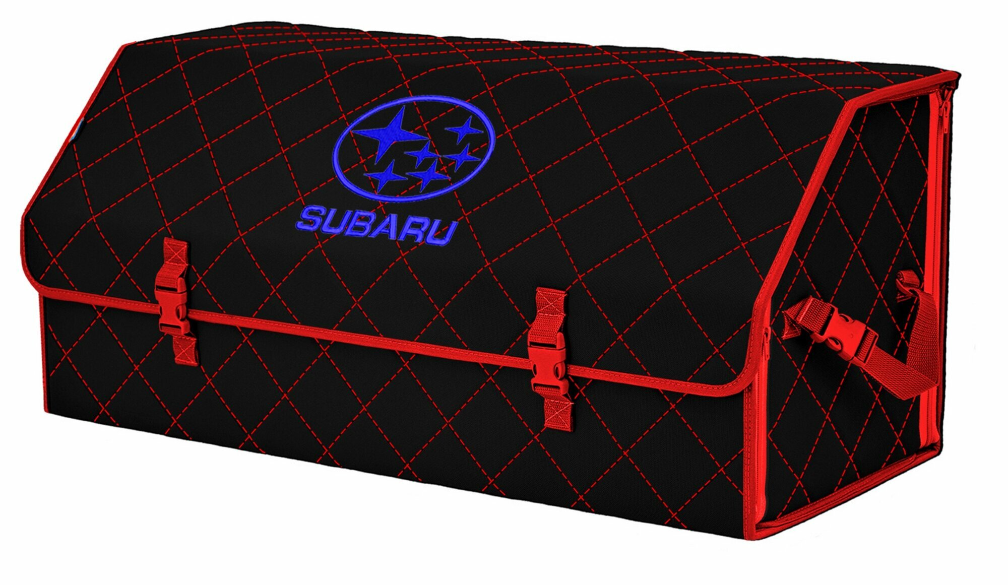 Органайзер-саквояж в багажник "Союз" (размер XXL). Цвет: черный с красной прострочкой Ромб и вышивкой Subaru (Субару).