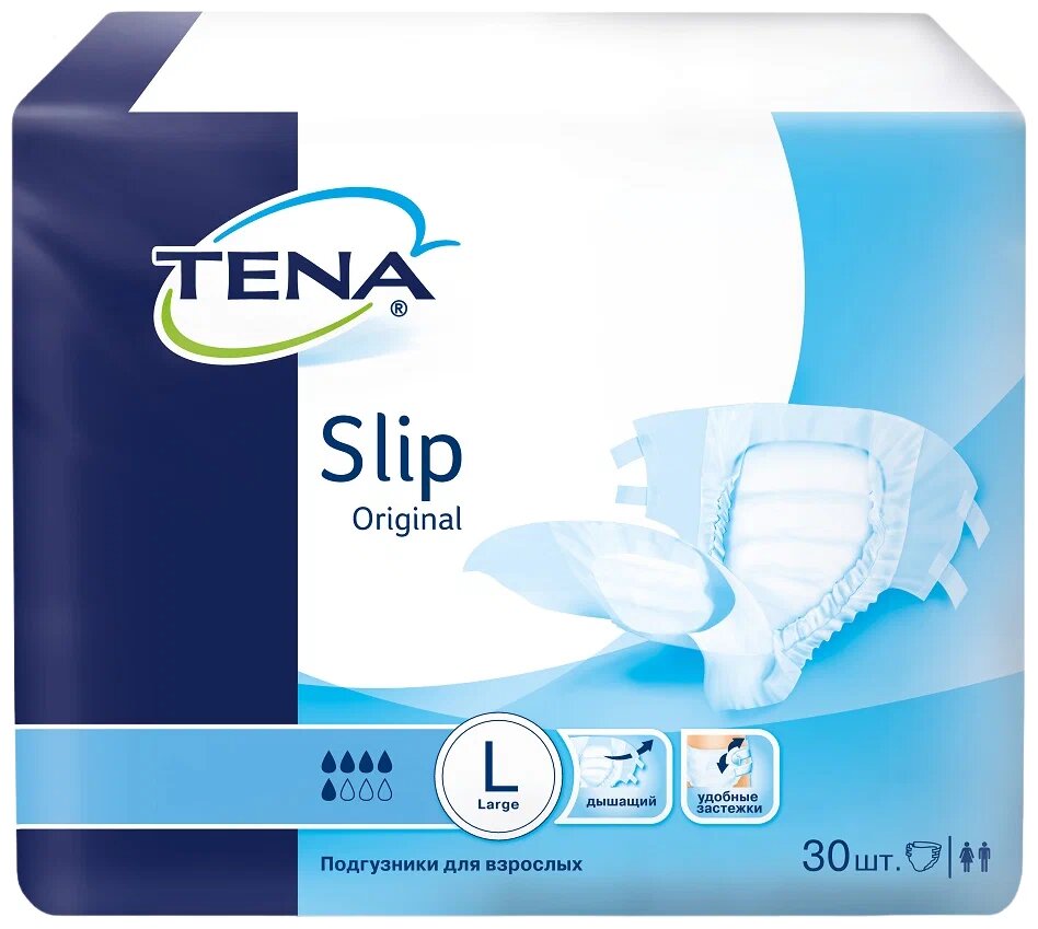 Подгузники для взрослых TENA Slip Original, L, 80 х 150 см, 5 капель, 96-150 см, 1 уп. по 30 шт.