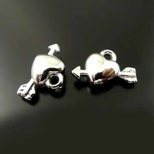 Подвеска Сердечко&Стрелочка, 13х7мм, цвет серебристый, металл, цена за 12 штук