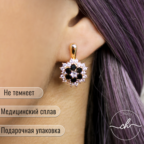 Серьги искусственный камень черный золотой 750₽