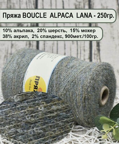 Изображение товара Пряжа BOUCLE ALPACA LANA 10 альпака, 20 шерсть, 15 мохер, 15 нейлон, 38 акрил, 2 спандекс 100гр./900м цв.54 полынь (250гр.)