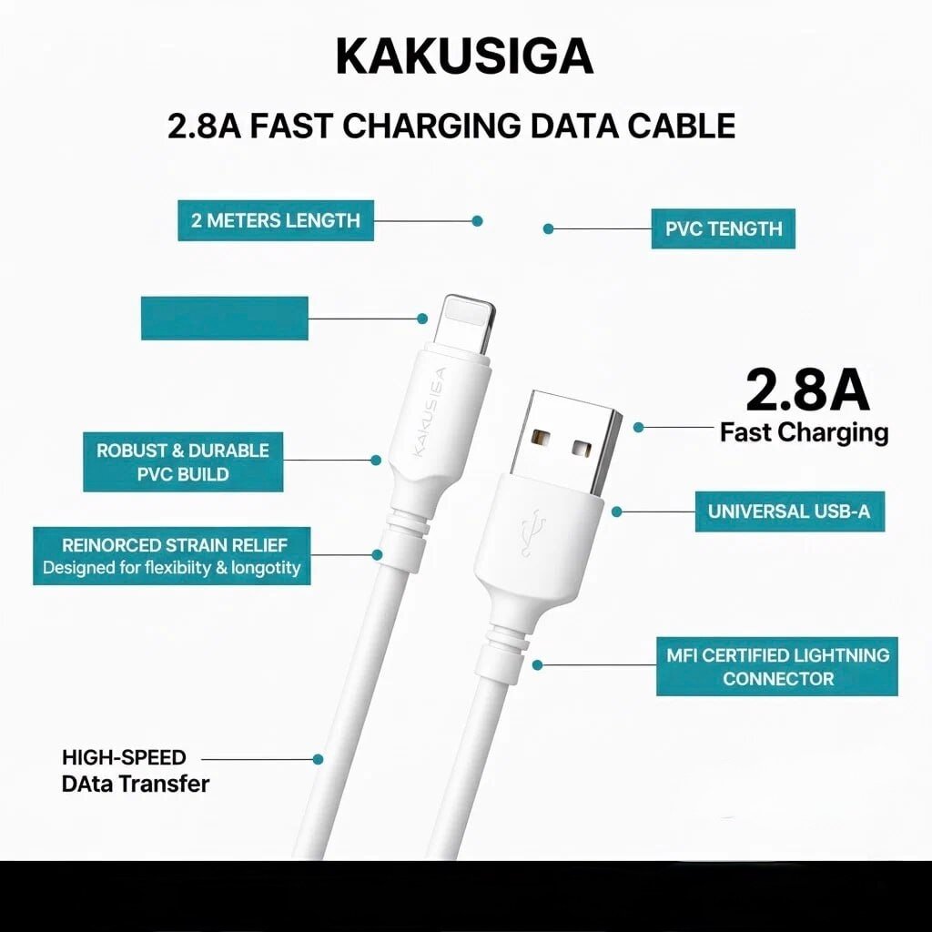 Кабель Kakusiga, Lightning, 2 A, 2 м, быстрая зарядка, передача данных, белый