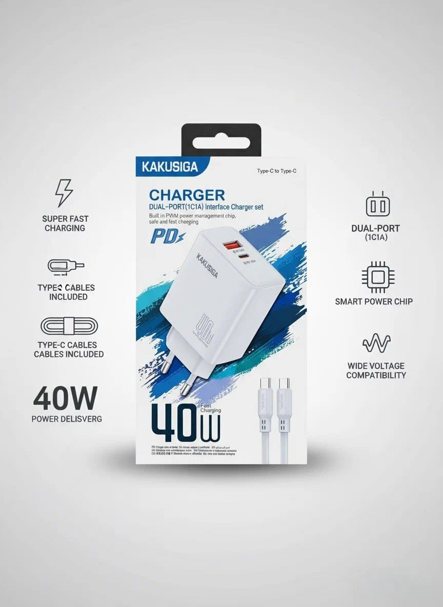 Адаптер KAKUSIGA, для быстрой зарядки PD40W, два порта, Type-C, 1м