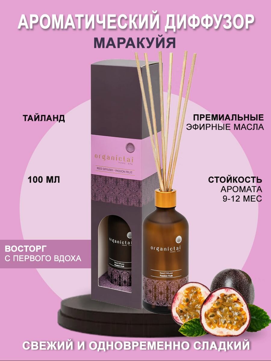 Ароматический диффузор Маракуйя с палочками свежий фруктовый экзотический аромат парфюм для дома на подарок 100 мл
