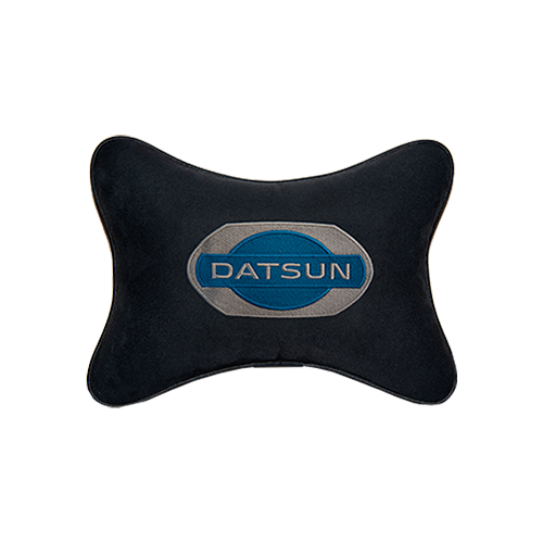 Автомобильная подушка на подголовник алькантара Black с логотипом автомобиля DATSUN