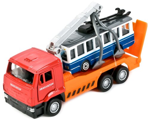 Набор машин ТЕХНОПАРК КамАЗ + троллейбус (SB-17-24-G-WB), 12 см, красный/оранжевый/синий