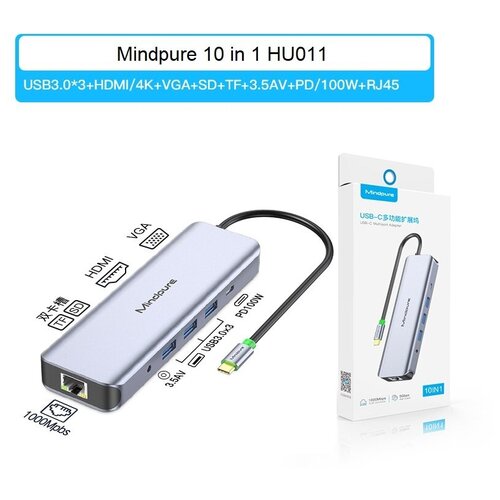 USB-концентратор Хаб Hub Mindpure 10 в 1 HU011 Type-C - USB30х3Type-CPD100WHDMIRJ45SDMicroSDTFVGA35jack 359100₽