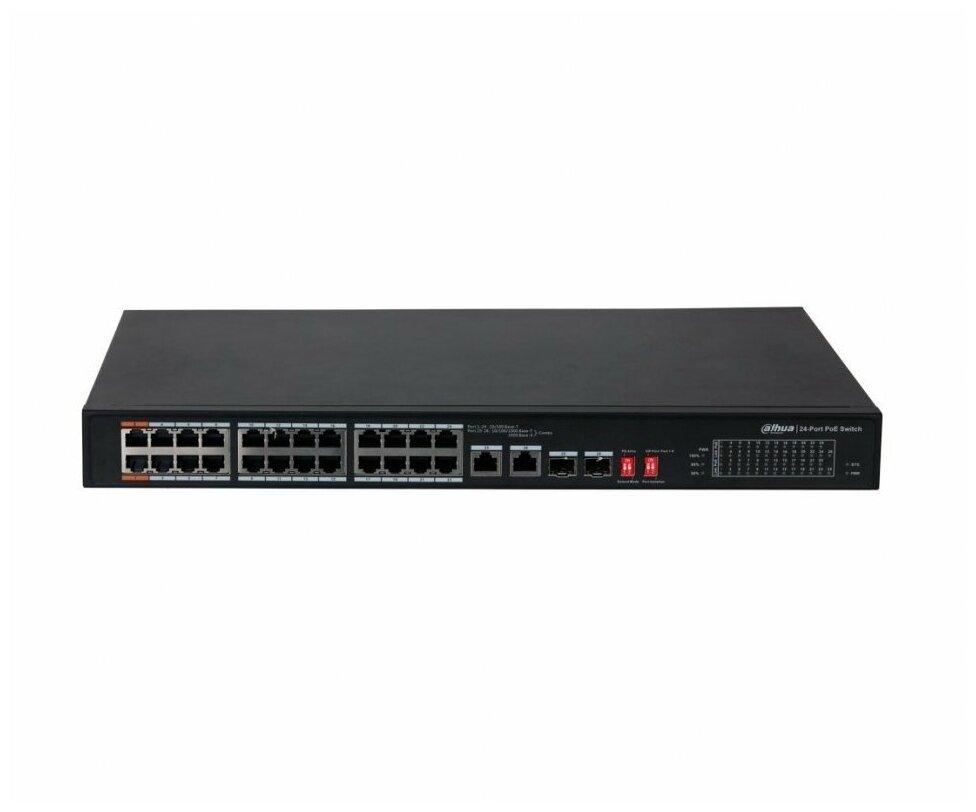 Коммутатор Dahua DH-PFS3226-24ET-240 24x100Mb 2G 2SFP 22PoE+ 240W неуправляемый