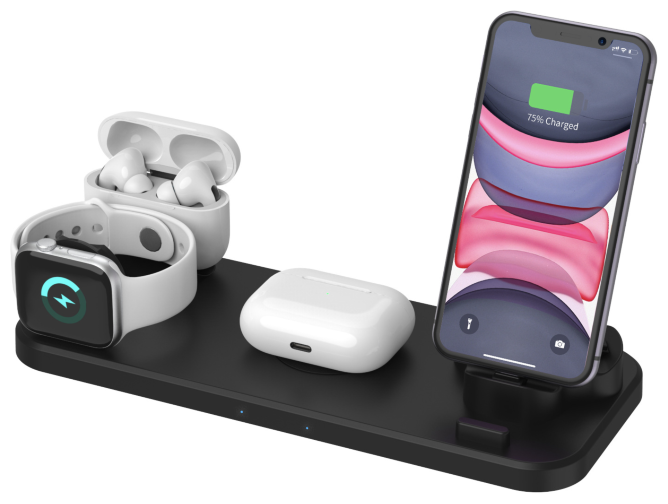 Док-станция для беспроводной зарядки (6 в 1) iPhone, Airpods, iWatch, Micro USB, Type-C, черная