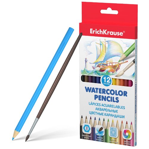 Цветные карандаши ErichKrause 12 цветов акварельные шестигранные с кисточкой