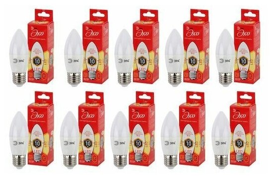 Упаковка светодиодных ламп 10Вт ECO LED B35-10W-827-E27 ЭРА теплый свет, 10шт