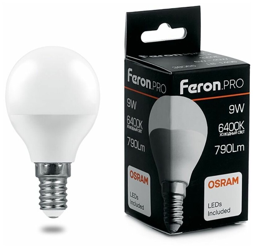 38079 Лампа светодиодная Feron Feron.PRO Шарик 9Вт 175-265В E14 6400К 790Лм , упаковка 1шт