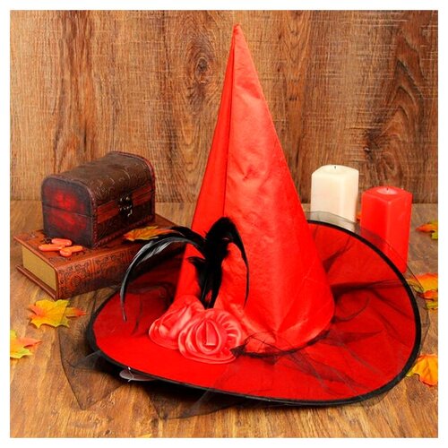 фото Шляпа "ведьмочка" с фатой (цв: красный ) артэ