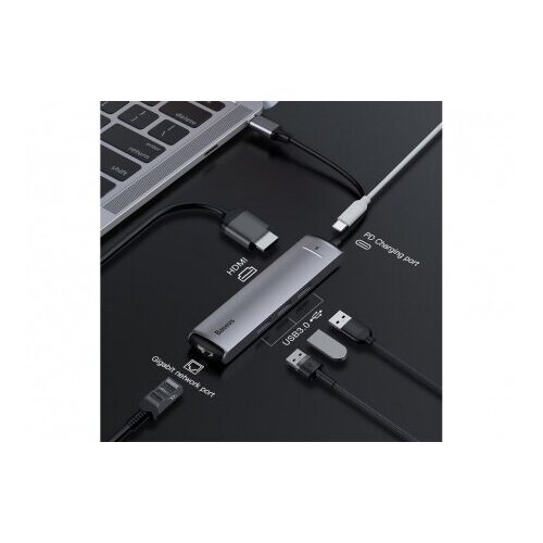 HUB адаптер BASEUS mechanical eye 6-in-1, Разветвитель, Type-C to 3xUSB3.0 + HDMI + RJ45 + PD, серый, CAHUB-J0G 10 in 1 otg splitter type usb c docking station for xiaomi samsung laptop tablet with hub usb 3 0 card reader rj45 vga 4k hdmi