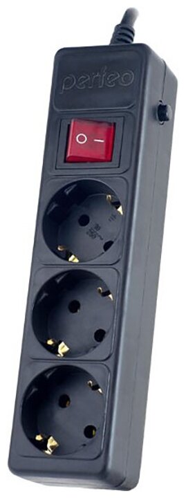 Сетевой фильтр Сетевой фильтр с заземлением и кнопкой Perfeo Power+, 1,8 м, 3 розетки (черный)