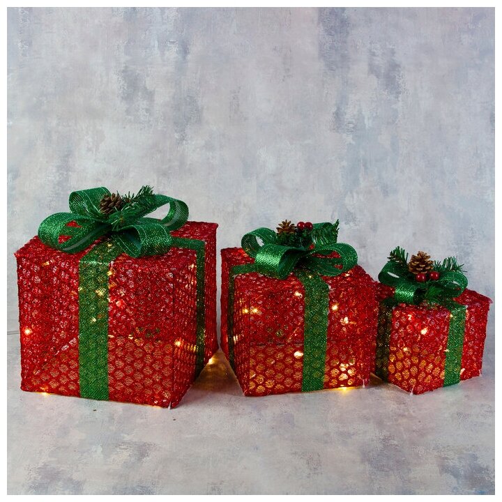 Фигура текстиль "Подарки красные с зеленой лентой" 15х20х25 см, 60 LED, 220V, Т/белый
