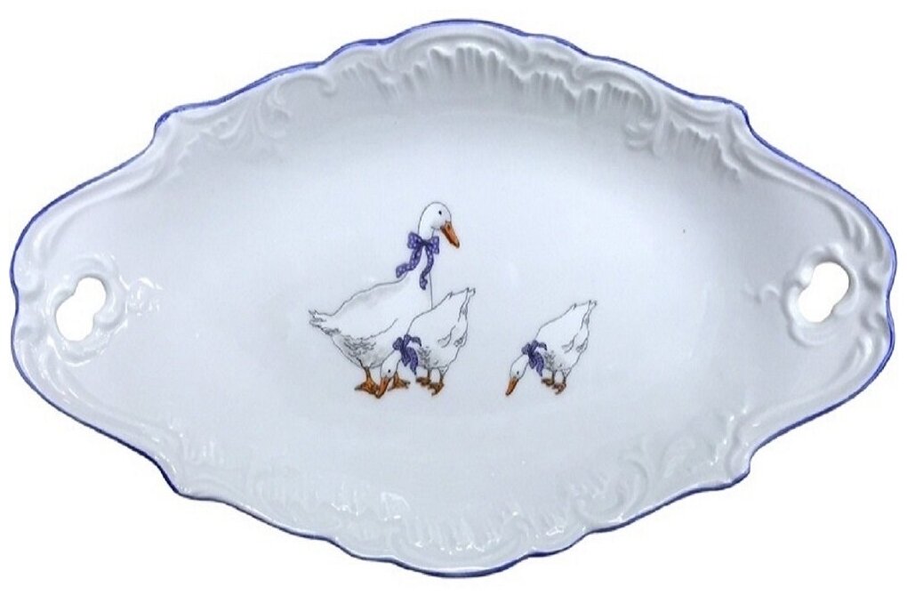 фото Блюдо овальное с ручками 25см Rococo, декор "Гуси"