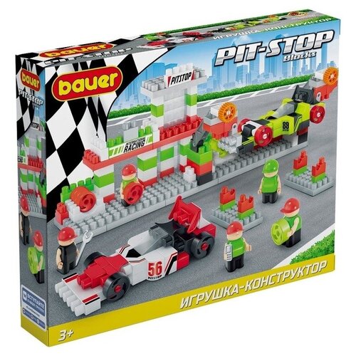 фото Детский развивающий конструктор bauer набор из 2х гоночных машин с автосервисом в коробке "pit stop" 3+