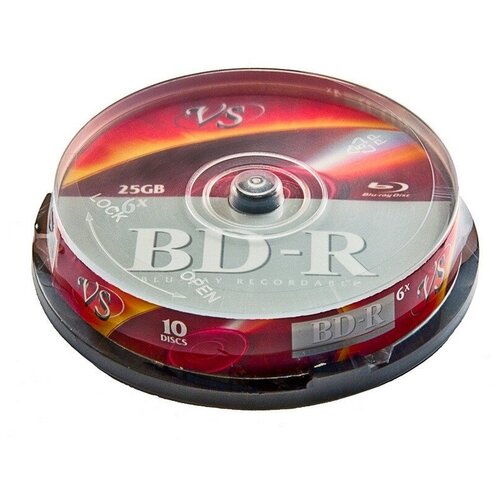 Компакт-диск VS Blu-ray BD-R, 25 гб, 6x, Cake box, 10 шт (VSBDR4CB1002)