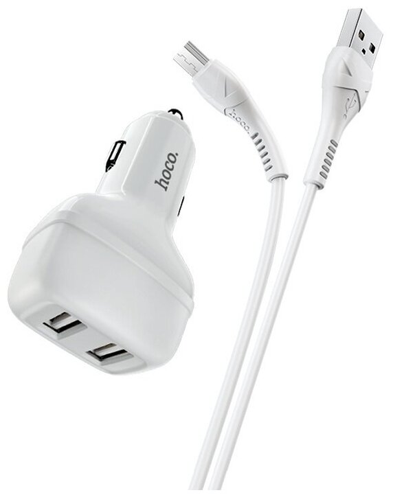 Автомобильное зарядное устройство HOCO Z36 Leader с кабелем USB-Micro, белый